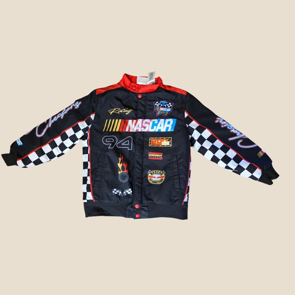 NASCAR Boys Racing Jacket Size 8 Black Checkered Flag Patch Snap Front